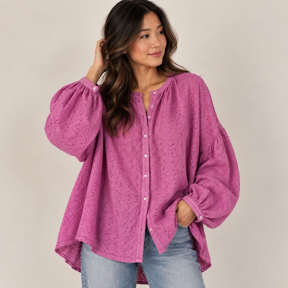 Free People Maddison Orchid Eyelet Oversized Balloon Sleeve Blouse XS